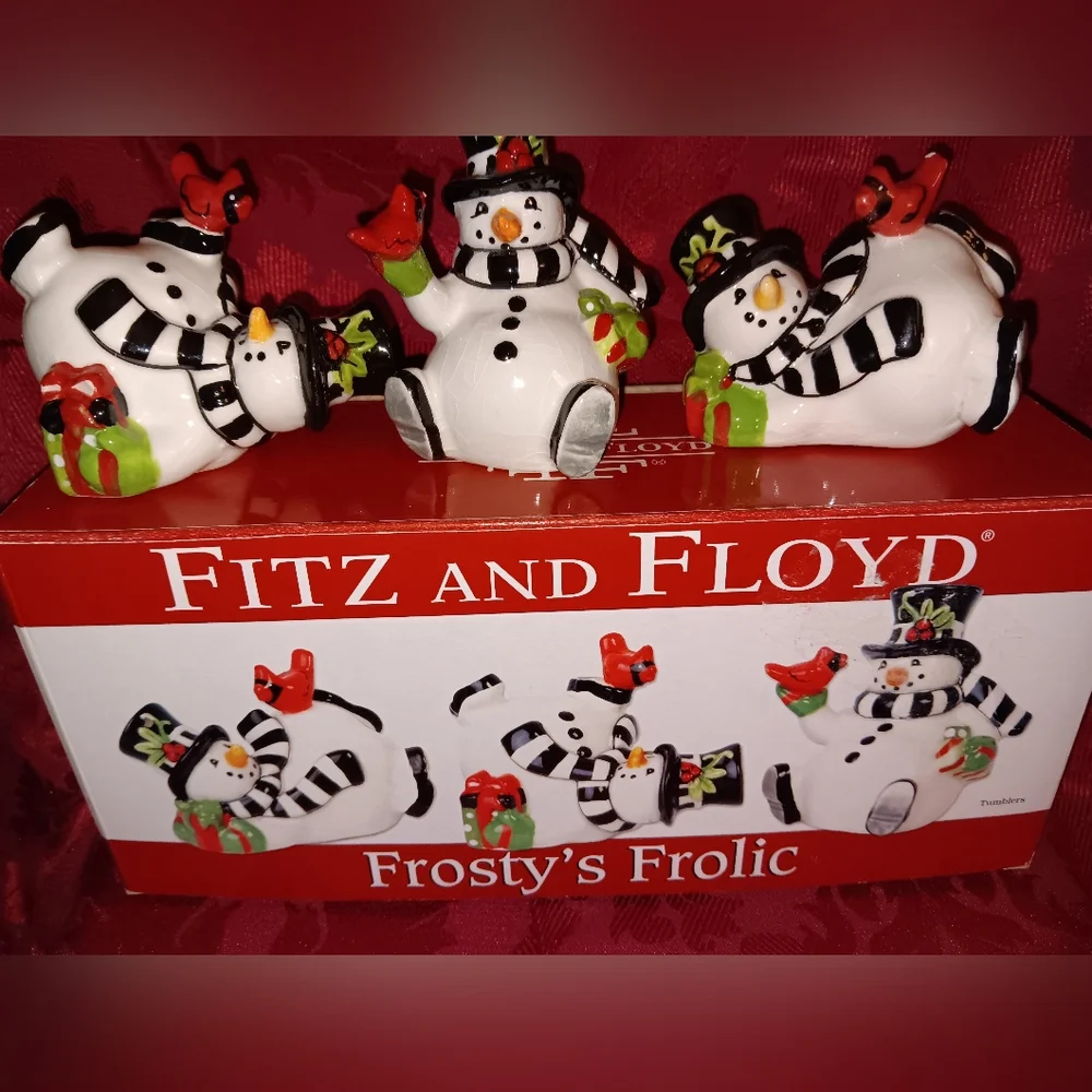Fitz and Floyd Frosty's Frolic Snowman Set with Red and Green Accents - Picture 1 of 5
